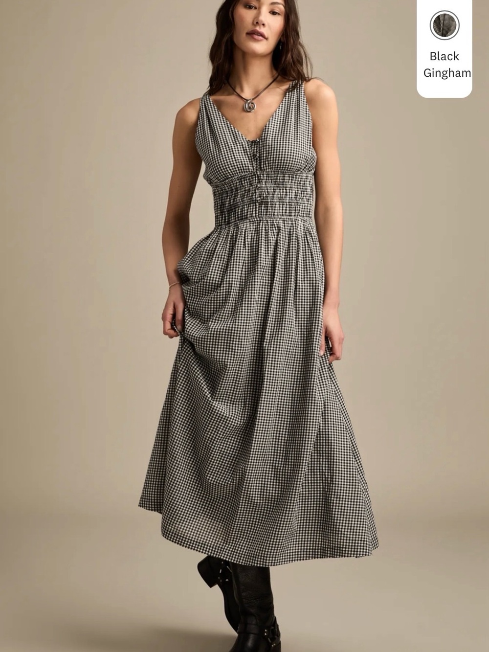 Lucky Brand V-Neck Smock Waist Midi Dress in Black Gingham